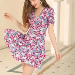 Allegra K Women's Floral Print Mini Dresses Open Back Lace Trim A-Line Tiered Layer Swing Dress