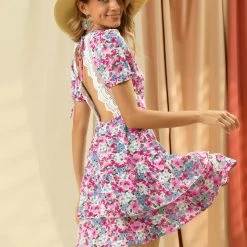 Allegra K Women's Floral Print Mini Dresses Open Back Lace Trim A-Line Tiered Layer Swing Dress