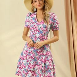 Allegra K Women's Floral Print Mini Dresses Open Back Lace Trim A-Line Tiered Layer Swing Dress