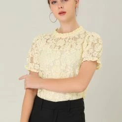 Allegra K Women's Puff Short Sleeve Ruffle Neck See-Through Floral Lace Top