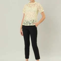 Allegra K Women's Puff Short Sleeve Ruffle Neck See-Through Floral Lace Top