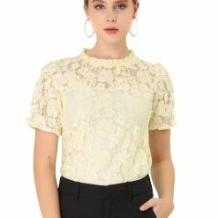 Allegra K Women's Puff Short Sleeve Ruffle Neck See-Through Floral Lace Top