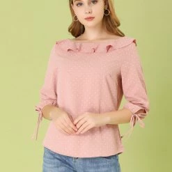 Allegra K Women's Ruffled Neck Half Sleeve Summer Polka Dot Blouse Tops