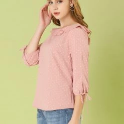 Allegra K Women's Ruffled Neck Half Sleeve Summer Polka Dot Blouse Tops