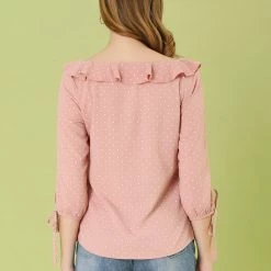 Allegra K Women's Ruffled Neck Half Sleeve Summer Polka Dot Blouse Tops