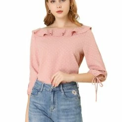 Allegra K Women's Ruffled Neck Half Sleeve Summer Polka Dot Blouse Tops