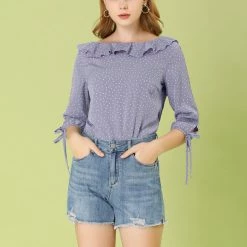 Allegra K Women's Ruffled Neck Half Sleeve Summer Polka Dot Blouse Tops