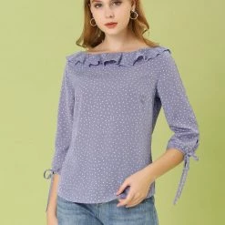 Allegra K Women's Ruffled Neck Half Sleeve Summer Polka Dot Blouse Tops