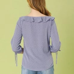 Allegra K Women's Ruffled Neck Half Sleeve Summer Polka Dot Blouse Tops