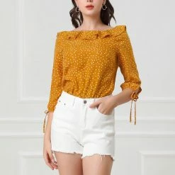 Allegra K Women's Ruffled Neck Half Sleeve Summer Polka Dot Blouse Tops