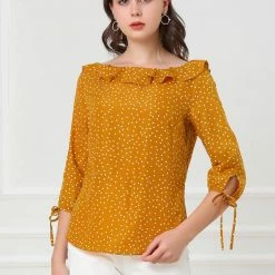 Allegra K Women's Ruffled Neck Half Sleeve Summer Polka Dot Blouse Tops