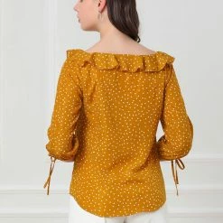 Allegra K Women's Ruffled Neck Half Sleeve Summer Polka Dot Blouse Tops