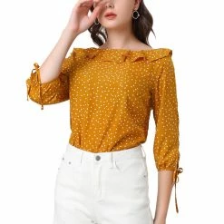 Allegra K Women's Ruffled Neck Half Sleeve Summer Polka Dot Blouse Tops