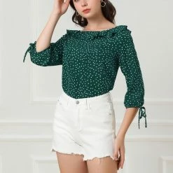 Allegra K Women's Ruffled Neck Half Sleeve Summer Polka Dot Blouse Tops