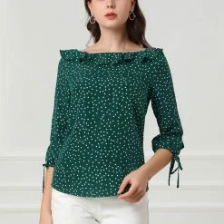 Allegra K Women's Ruffled Neck Half Sleeve Summer Polka Dot Blouse Tops