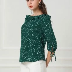 Allegra K Women's Ruffled Neck Half Sleeve Summer Polka Dot Blouse Tops