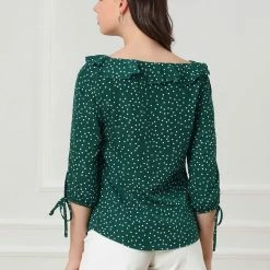 Allegra K Women's Ruffled Neck Half Sleeve Summer Polka Dot Blouse Tops