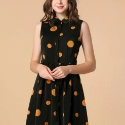 Allegra K Women's Polka Dot Button Down Tie Waist Sleeveless Shirt Dress
