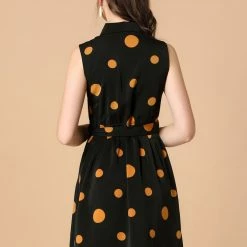 Allegra K Women's Polka Dot Button Down Tie Waist Sleeveless Shirt Dress