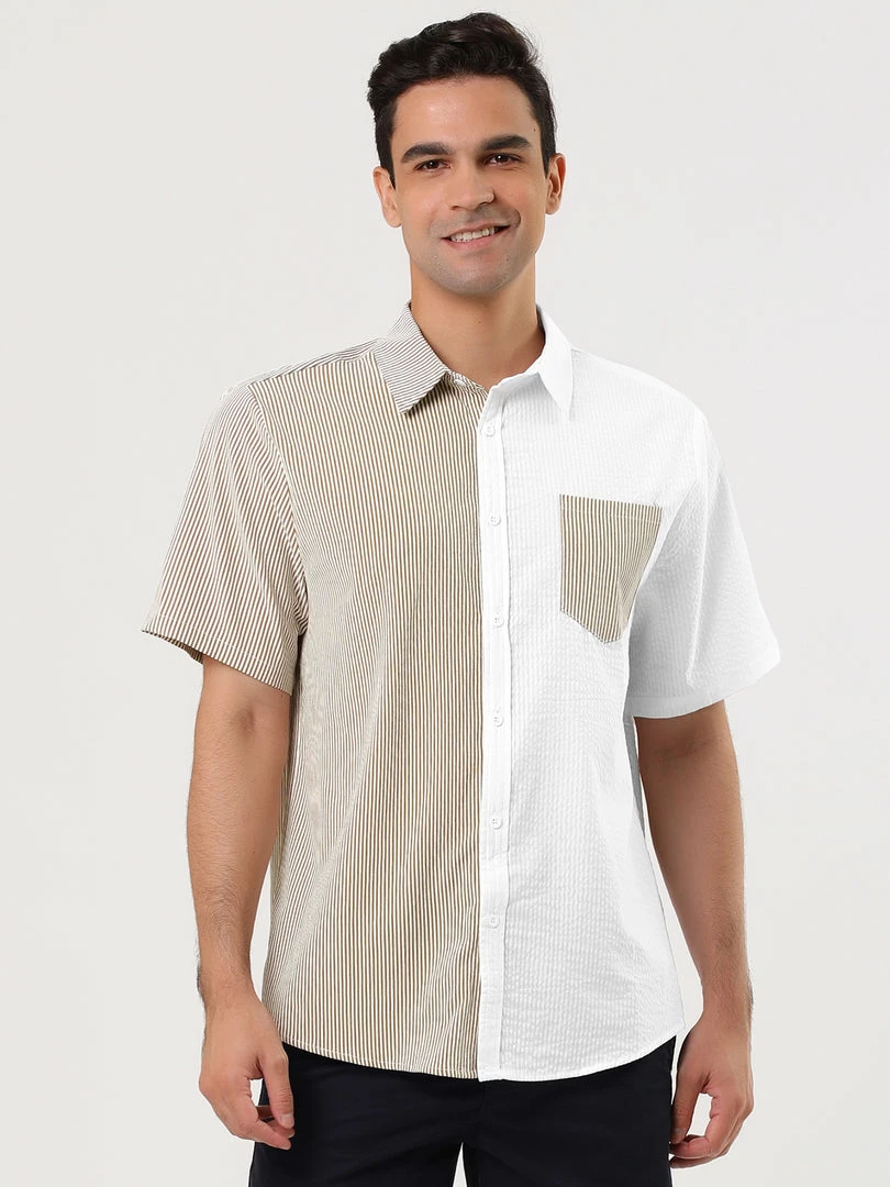 Allegra K Men's Short Sleeve Button Down Casual Summer Cotton Patchwork Print Shirt 11 Allegra K Men's Short Sleeve Button Down Casual Summer Cotton Patchwork Print Shirt