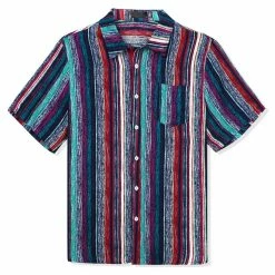 Allegra K Men's Summer Button Down Short Sleeve Vertical Colorful Striped Shirt