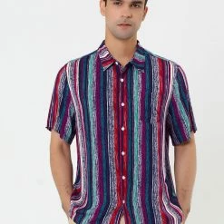 Allegra K Men's Summer Button Down Short Sleeve Vertical Colorful Striped Shirt