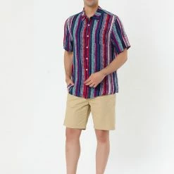 Allegra K Men's Summer Button Down Short Sleeve Vertical Colorful Striped Shirt