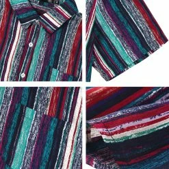 Allegra K Men's Summer Button Down Short Sleeve Vertical Colorful Striped Shirt