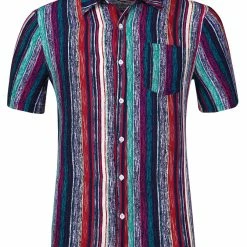 Allegra K Men's Summer Button Down Short Sleeve Vertical Colorful Striped Shirt