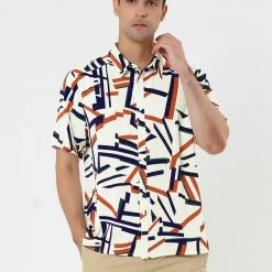 Allegra K Tops Men's Irregular Geometric Color Block Short Sleeve Button Down Shirts
