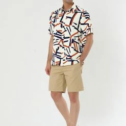 Allegra K Tops Men's Irregular Geometric Color Block Short Sleeve Button Down Shirts