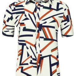 Allegra K Tops Men's Irregular Geometric Color Block Short Sleeve Button Down Shirts