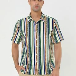 Allegra K Men's Summer Button Down Short Sleeve Vertical Colorful Striped Shirt