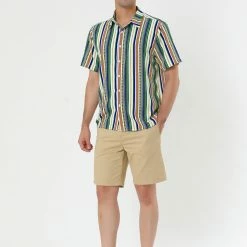 Allegra K Men's Summer Button Down Short Sleeve Vertical Colorful Striped Shirt