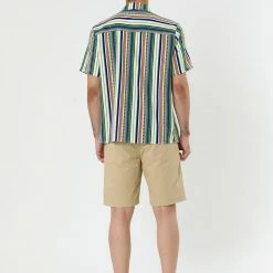 Allegra K Men's Summer Button Down Short Sleeve Vertical Colorful Striped Shirt
