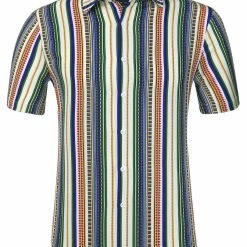 Allegra K Men's Summer Button Down Short Sleeve Vertical Colorful Striped Shirt