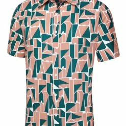 Allegra K Tops Men's Irregular Geometric Color Block Short Sleeve Button Down Shirts