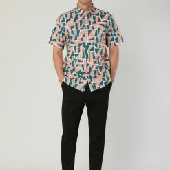 Allegra K Tops Men's Irregular Geometric Color Block Short Sleeve Button Down Shirts