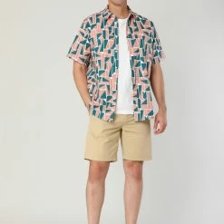 Allegra K Tops Men's Irregular Geometric Color Block Short Sleeve Button Down Shirts