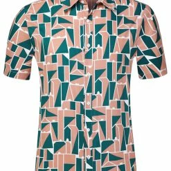 Allegra K Tops Men's Irregular Geometric Color Block Short Sleeve Button Down Shirts
