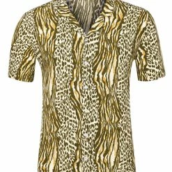 Allegra K Men's Summer Leopard Printed Short Sleeves Button Down Beach Pattern Shirt