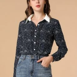 Allegra K Women's Work Office Tops Blouses Long Sleeve Pintuck Dots Button Up Shirts