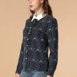 Allegra K Women's Work Office Tops Blouses Long Sleeve Pintuck Dots Button Up Shirts