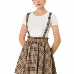 Allegra K Women's Tartan Plaid Button Decor Flare Skater Suspender Skirt 78 Allegra K Women's Tartan Plaid Button Decor Flare Skater Suspender Skirt