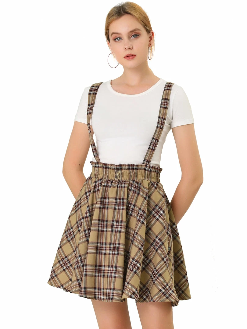 Allegra K Women's Tartan Plaid Button Decor Flare Skater Suspender Skirt 35 Allegra K Women's Tartan Plaid Button Decor Flare Skater Suspender Skirt