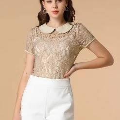 Allegra K Women's Contrast Doll Collar Short Sleeve Tops Sheer Lace Top 79 Allegra K Women's Contrast Doll Collar Short Sleeve Tops Sheer Lace Top