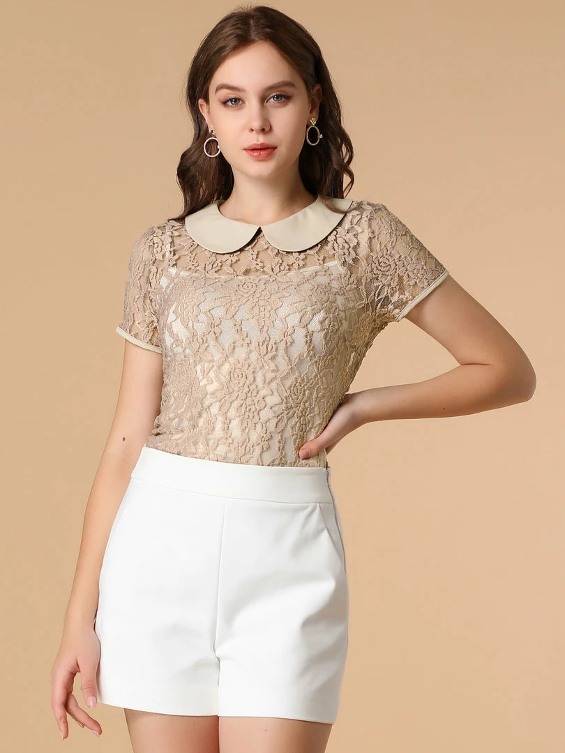 Allegra K Women's Contrast Doll Collar Short Sleeve Tops Sheer Lace Top 23 Allegra K Women's Contrast Doll Collar Short Sleeve Tops Sheer Lace Top