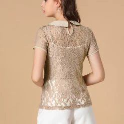 Allegra K Women's Contrast Doll Collar Short Sleeve Tops Sheer Lace Top 82 Allegra K Women's Contrast Doll Collar Short Sleeve Tops Sheer Lace Top