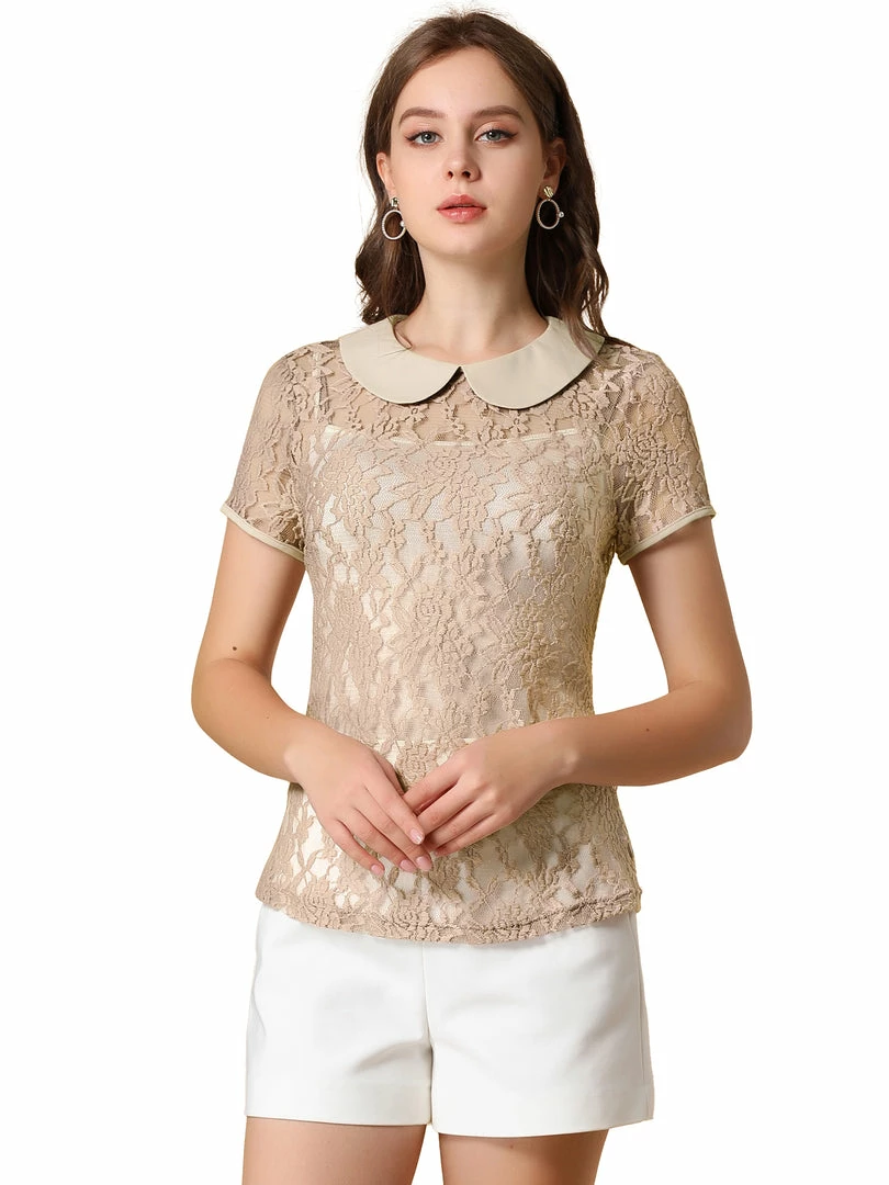 Allegra K Women's Contrast Doll Collar Short Sleeve Tops Sheer Lace Top 22 Allegra K Women's Contrast Doll Collar Short Sleeve Tops Sheer Lace Top