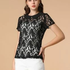 Allegra K Women's Contrast Doll Collar Short Sleeve Tops Sheer Lace Top 73 Allegra K Women's Contrast Doll Collar Short Sleeve Tops Sheer Lace Top